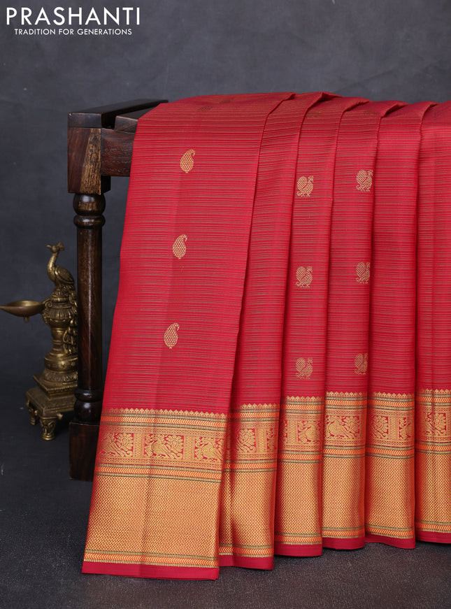 Pure kanchipuram silk saree maroon with allover vairaosi pattern & zari buttas and annam zari woven border
