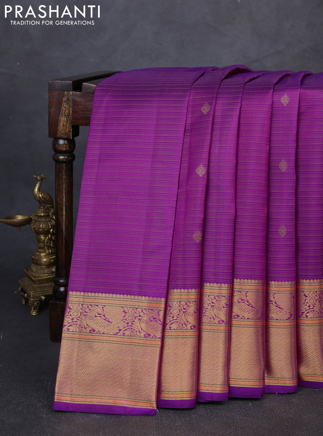 Pure kanchipuram silk saree purple with allover vairaosi pattern & zari buttas and annam zari woven border