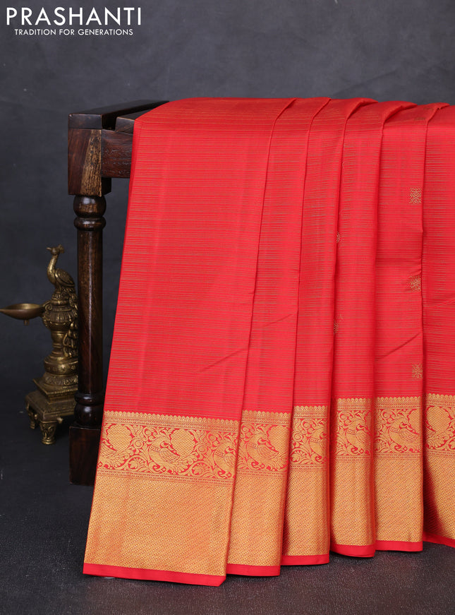 Pure kanchipuram silk saree red with allover vairaosi pattern & zari buttas and annam zari woven border