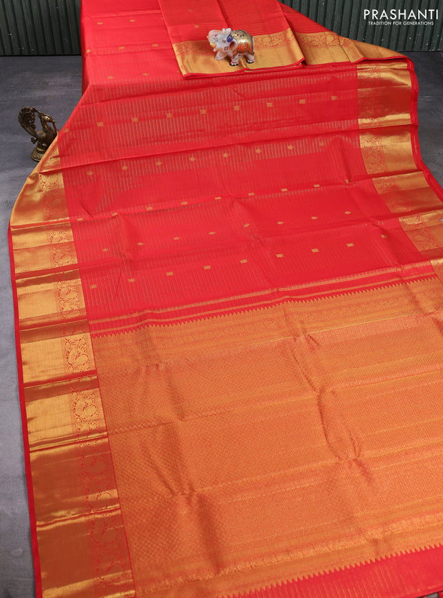 Pure kanchipuram silk saree red with allover vairaosi pattern & zari buttas and annam zari woven border