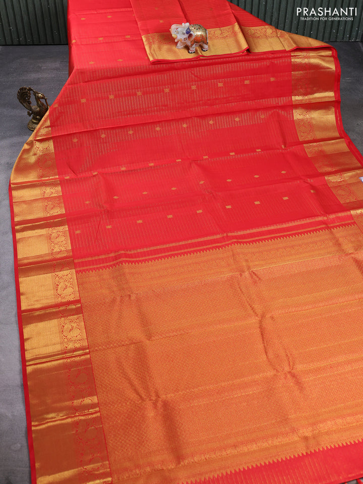 Pure kanchipuram silk saree red with allover vairaosi pattern & zari buttas and annam zari woven border