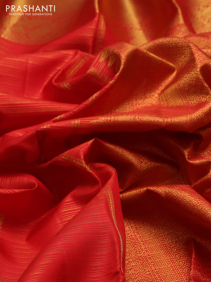 Pure kanchipuram silk saree red with allover vairaosi pattern & zari buttas and annam zari woven border