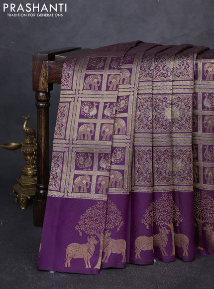 Pure kanchipuram silk saree deep purple with allover zari woven brocade weaves and zari woven pichwai butta border
