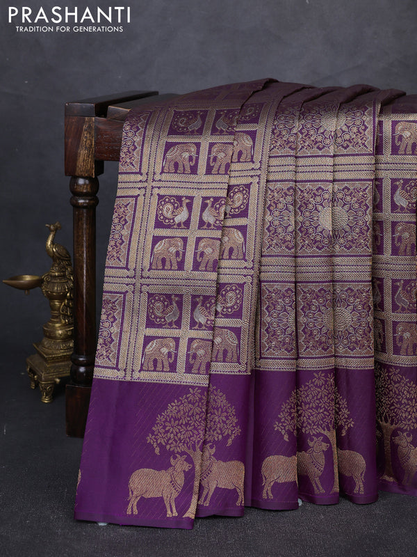 Pure kanchipuram silk saree deep purple with allover zari woven brocade weaves and zari woven pichwai butta border