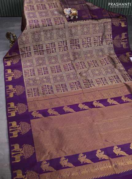 Pure kanchipuram silk saree deep purple with allover zari woven brocade weaves and zari woven pichwai butta border