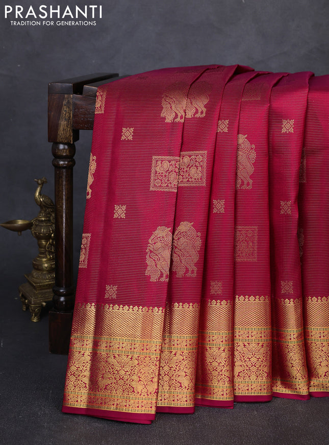 Pure kanchipuram silk saree tomato red with allover vairaosi pattern & peacock zari buttas and annam zari woven border