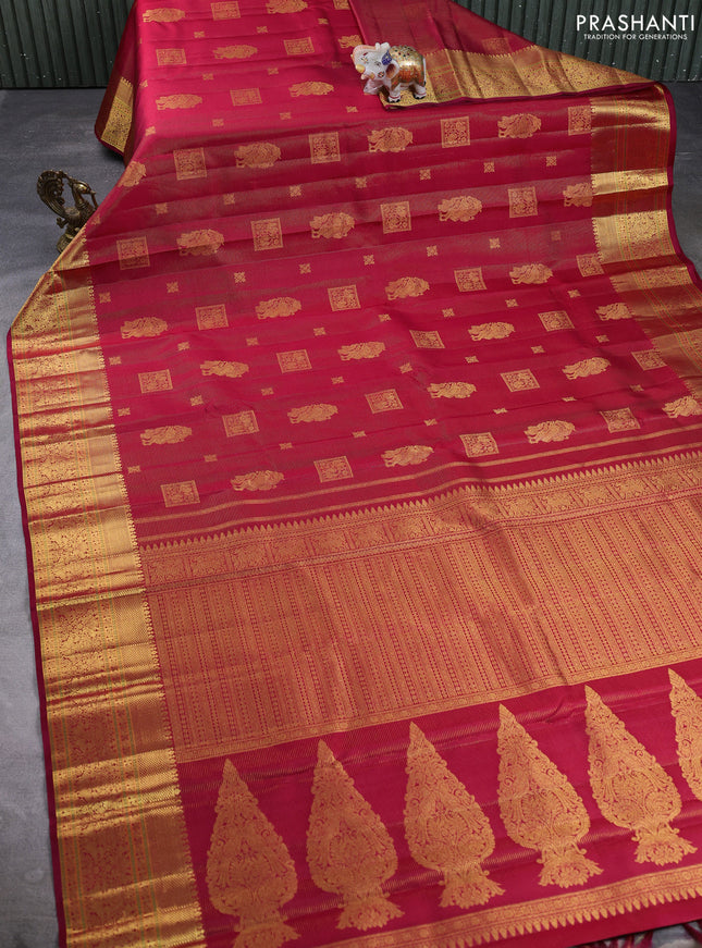 Pure kanchipuram silk saree tomato red with allover vairaosi pattern & peacock zari buttas and annam zari woven border