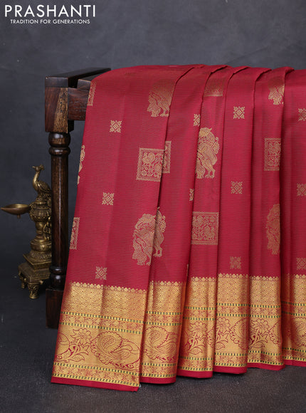Pure kanchipuram silk saree maroon with allover vairaosi pattern & peacock zari buttas and rich zari woven border
