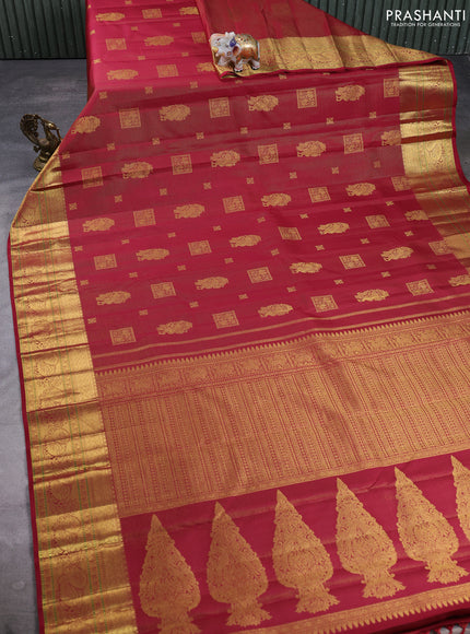 Pure kanchipuram silk saree maroon with allover vairaosi pattern & peacock zari buttas and rich zari woven border