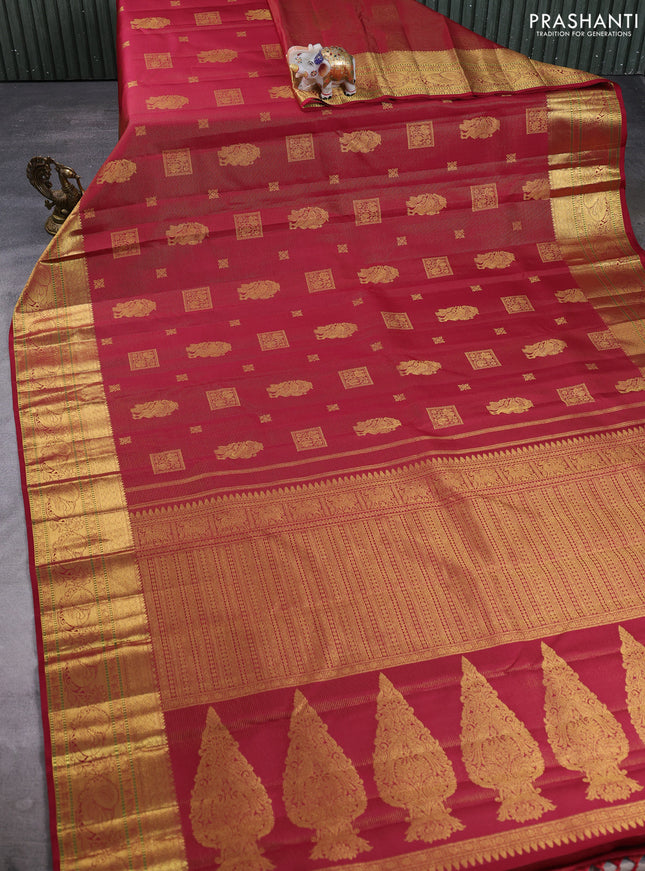 Pure kanchipuram silk saree maroon with allover vairaosi pattern & peacock zari buttas and rich zari woven border