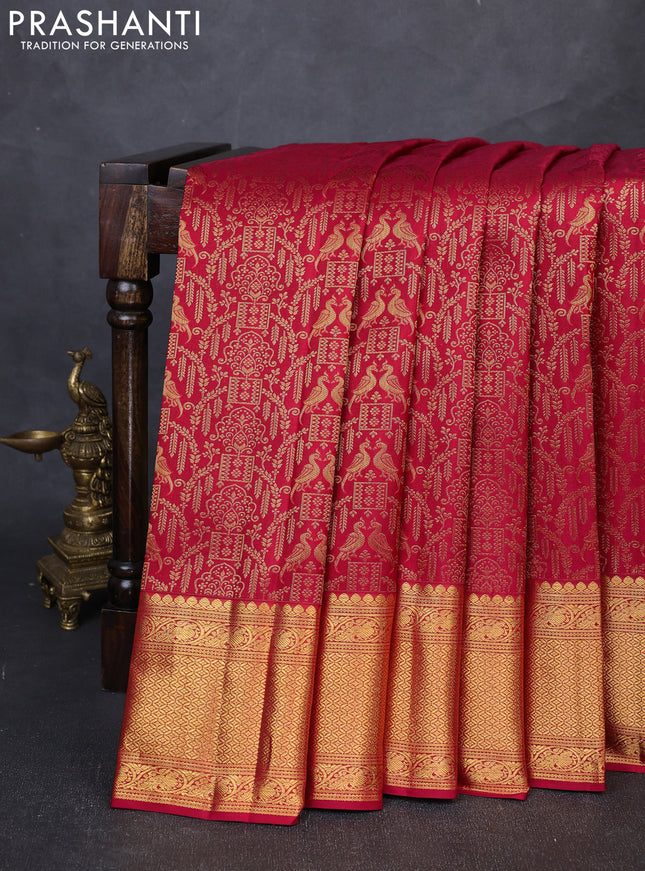 Pure kanchipuram silk saree red with allover zari woven brocade weaves and long rich zari woven border