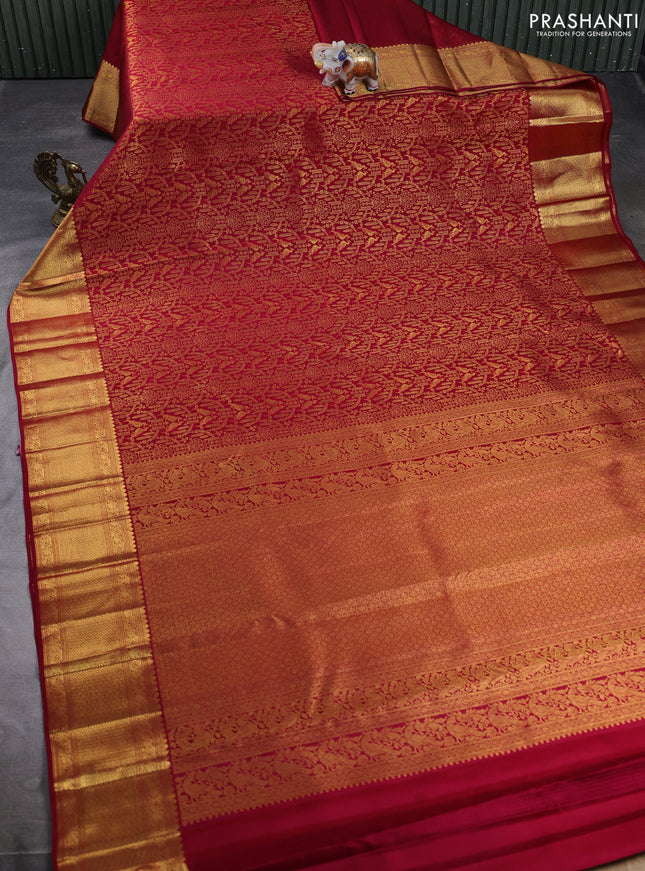 Pure kanchipuram silk saree red with allover zari woven brocade weaves and long rich zari woven border