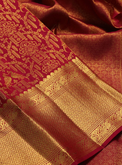 Pure kanchipuram silk saree red with allover zari woven brocade weaves and long rich zari woven border