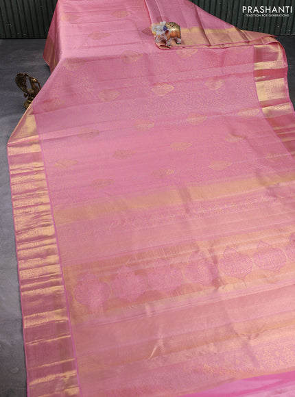 Pure kanchipuram silk saree peach with allover zari woven brocade weaves and rich zari woven border