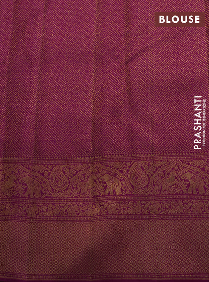 Pure kanchipuram silk saree peach shade and purple with allover zari woven brocade weaves and long rich zari woven border
