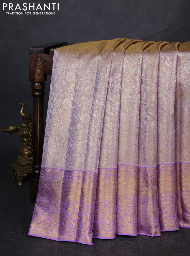 Pure kanchipuram tissue silk saree pastel lavender with allover zari woven brocade weaves and long rich zari woven border