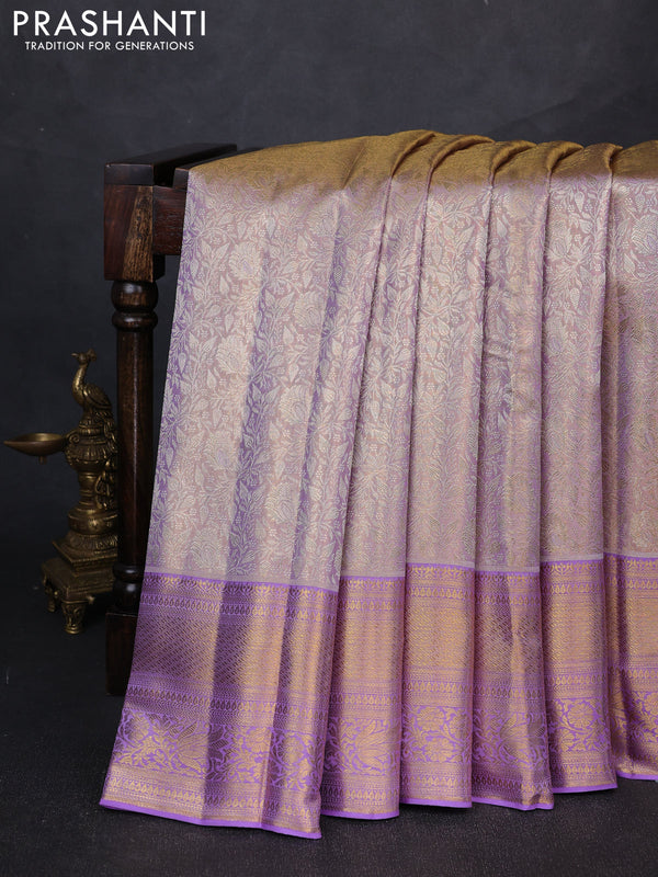 Pure kanchipuram tissue silk saree pastel lavender with allover zari woven brocade weaves and long rich zari woven border