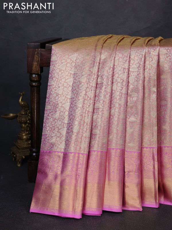 Pure kanchipuram tissue silk saree pastel pink with allover zari woven brocade weaves and long rich zari woven border
