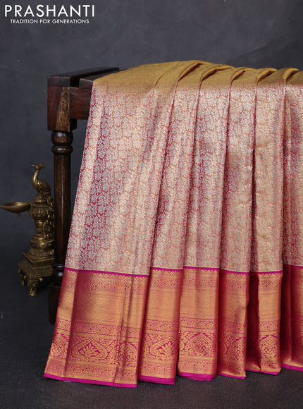 Pure kanchipuram tissue silk saree dual shade of gold and magenta pink with allover silver zari woven brocade weaves and rich zari woven border