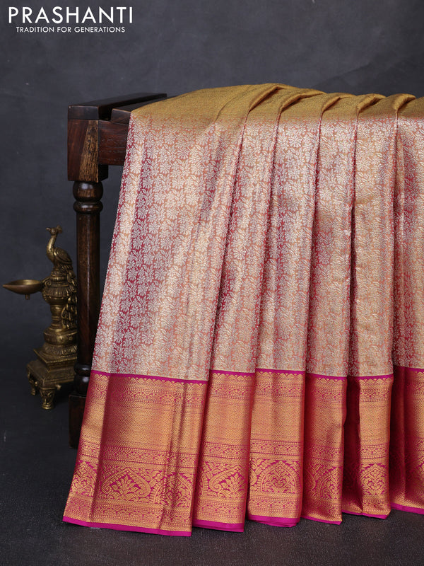 Pure kanchipuram tissue silk saree dual shade of gold and magenta pink with allover silver zari woven brocade weaves and rich zari woven border