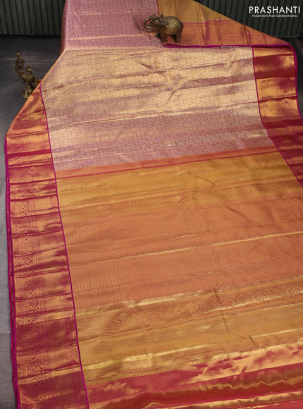 Pure kanchipuram tissue silk saree dual shade of gold and magenta pink with allover silver zari woven brocade weaves and rich zari woven border