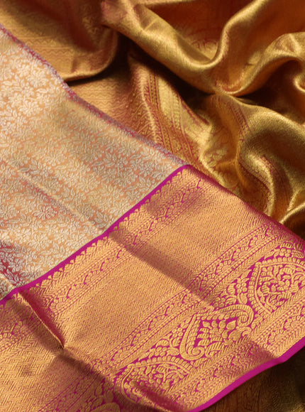 Pure kanchipuram tissue silk saree dual shade of gold and magenta pink with allover silver zari woven brocade weaves and rich zari woven border