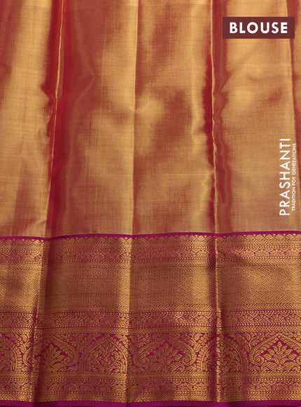 Pure kanchipuram tissue silk saree dual shade of gold and magenta pink with allover silver zari woven brocade weaves and rich zari woven border