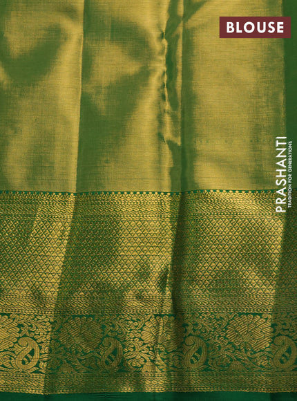 Pure kanchipuram tissue silk saree golden green and green with allover silver zari woven brocade weaves and rich zari woven border