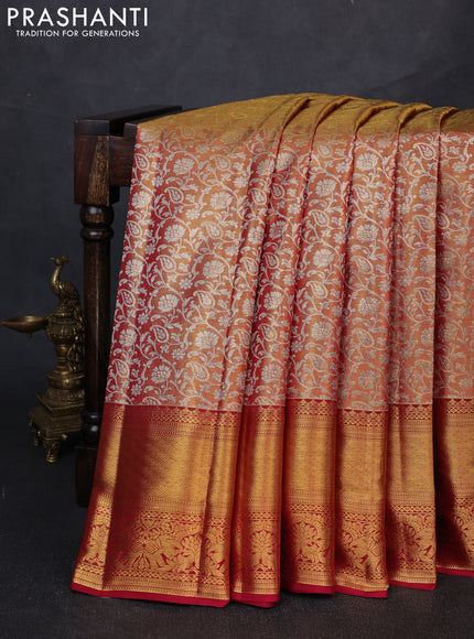 Pure kanchipuram tissue silk saree dual shade of gold and maroon with allover silver zari woven brocade weaves and rich zari woven border