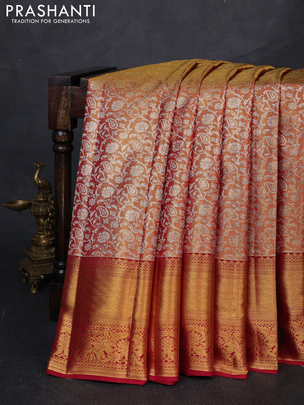 Pure kanchipuram tissue silk saree dual shade of gold and maroon with allover silver zari woven brocade weaves and rich zari woven border
