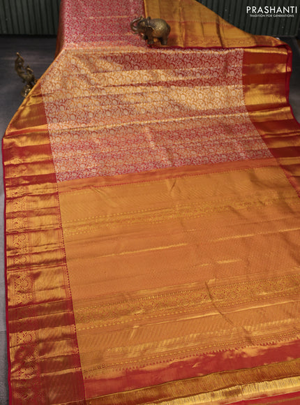Pure kanchipuram tissue silk saree dual shade of gold and maroon with allover silver zari woven brocade weaves and rich zari woven border