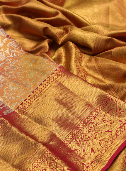Pure kanchipuram tissue silk saree dual shade of gold and maroon with allover silver zari woven brocade weaves and rich zari woven border