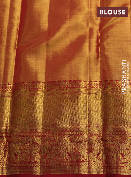 Pure kanchipuram tissue silk saree dual shade of gold and maroon with allover silver zari woven brocade weaves and rich zari woven border