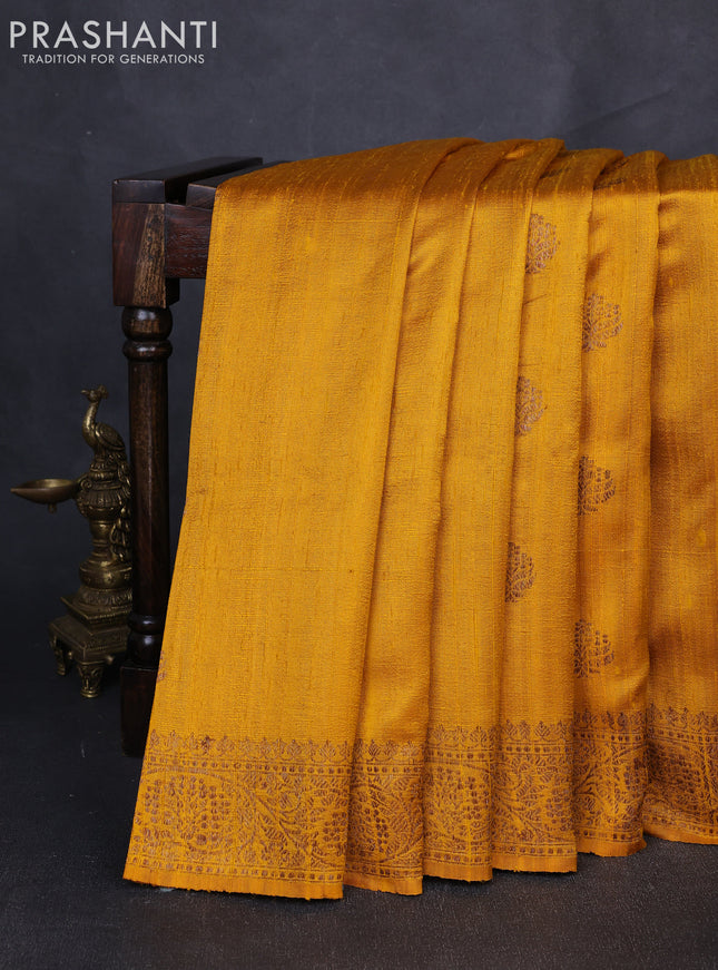 Banarasi raw silk saree mustard yellow and green with allover thread & zari woven buttas and thread & zari woven border