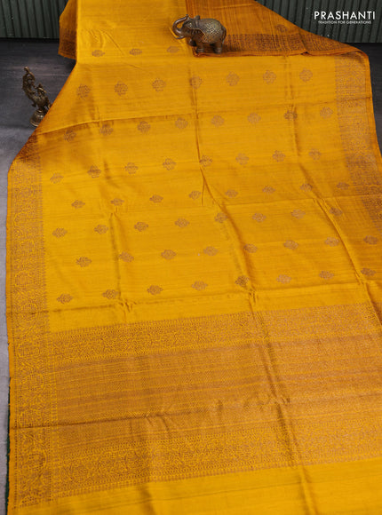 Banarasi raw silk saree mustard yellow and green with allover thread & zari woven buttas and thread & zari woven border