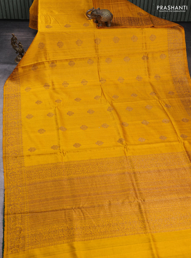 Banarasi raw silk saree mustard yellow and green with allover thread & zari woven buttas and thread & zari woven border