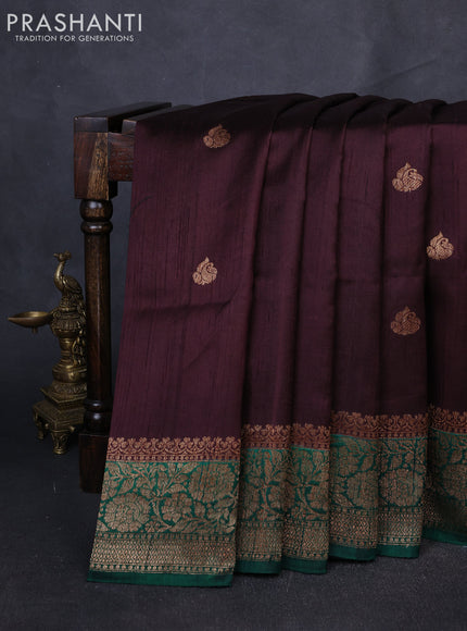 Banarasi raw silk saree coffee brown and green with allover thread & zari woven buttas and long thread & zari woven border