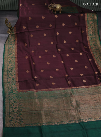 Banarasi raw silk saree coffee brown and green with allover thread & zari woven buttas and long thread & zari woven border