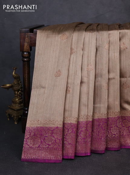 Banarasi raw silk saree dark beige and purple with allover thread & zari woven buttas and long thread & zari woven border