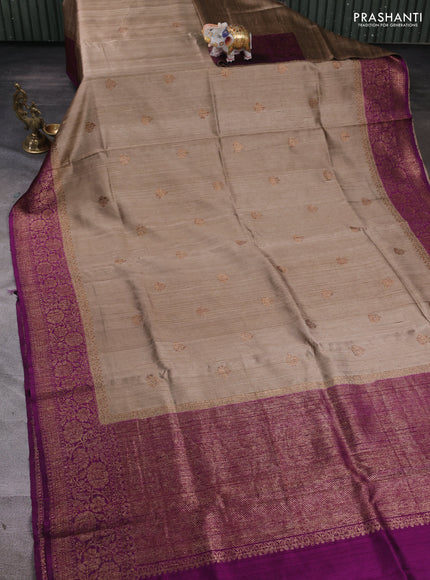 Banarasi raw silk saree dark beige and purple with allover thread & zari woven buttas and long thread & zari woven border