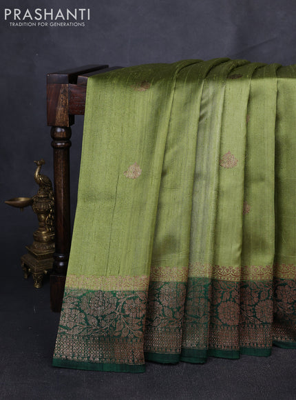 Banarasi raw silk saree pastel green and green with allover thread & zari woven buttas and long thread & zari woven border