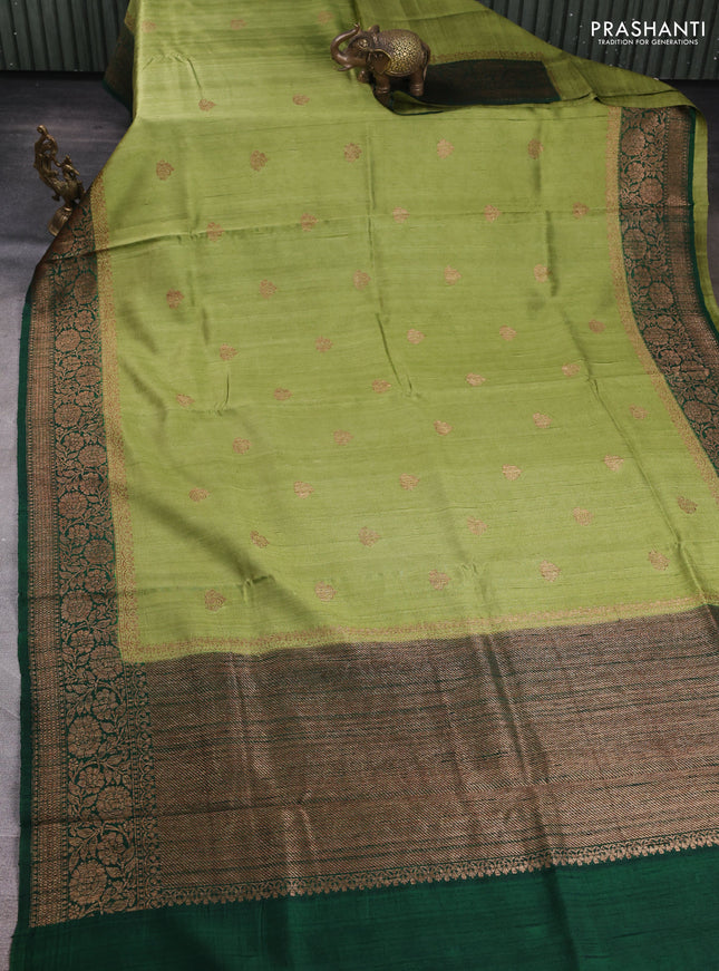 Banarasi raw silk saree pastel green and green with allover thread & zari woven buttas and long thread & zari woven border
