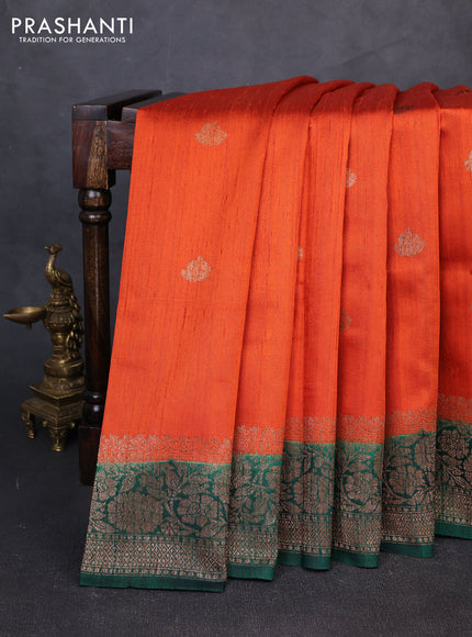 Banarasi raw silk saree orange and green with thread & zari woven buttas and long thread & zari woven border