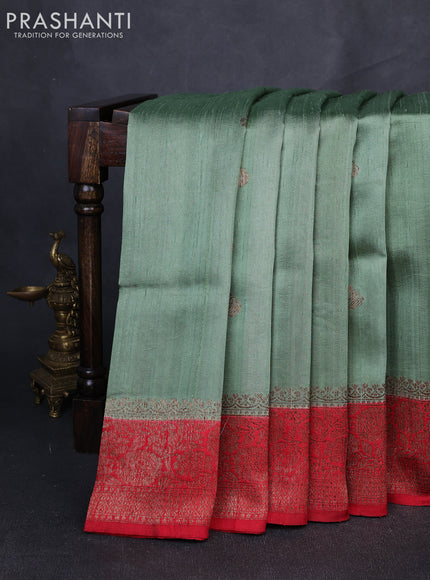 Banarasi raw silk saree pastel green and red with thread & zari woven buttas and long thread & zari woven border