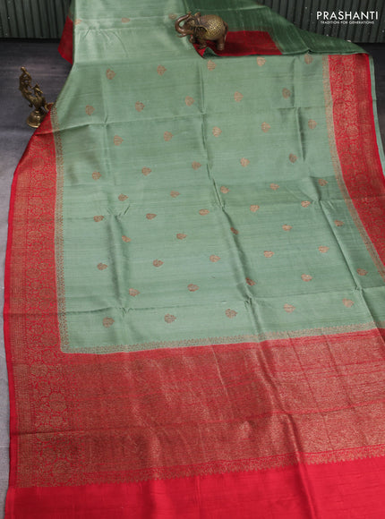 Banarasi raw silk saree pastel green and red with thread & zari woven buttas and long thread & zari woven border