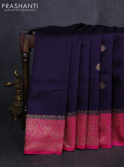 Banarasi raw silk saree navy blue and pink with thread & zari woven buttas and long thread & zari woven border