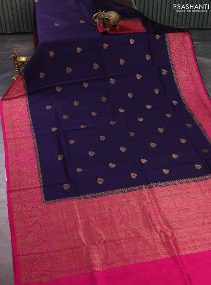 Banarasi raw silk saree navy blue and pink with thread & zari woven buttas and long thread & zari woven border