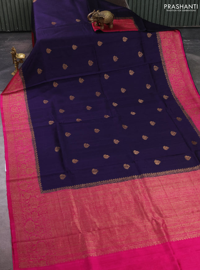 Banarasi raw silk saree navy blue and pink with thread & zari woven buttas and long thread & zari woven border
