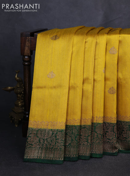 Banarasi raw silk saree mustard yellow and green with thread & zari woven buttas and long thread & zari woven border