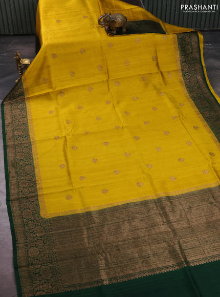 Banarasi raw silk saree mustard yellow and green with thread & zari woven buttas and long thread & zari woven border